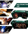 Kickass Dual Flip Up Welding Goggles Built Tough As Nails With Impact Resistance Square Vents For Heavy Duty Industrial Eye Protection Dustproof Shield Two Pack Safety Specs, showcasing green goggles in action.