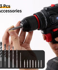 21V Cordless Workhorse Drill With 60Nm Torque And 1750Rpm Variable Speed running rock solid, showcasing 13 drill bits in hand.