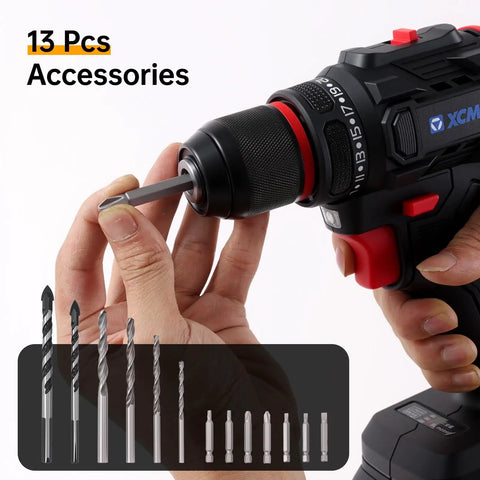 21V Cordless Workhorse Drill With 60Nm Torque And 1750Rpm Variable Speed running rock solid, showcasing 13 drill bits in hand.