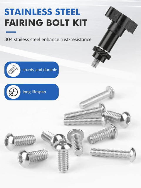 Stainless steel bolts and T-handle tool from Brass Batwing Thread Insert Repair Kit With Tool For Harley Touring Bikes 1996 To 2026 Electra Glide Street Glide Tri Glide 37 Piece Stainless Steel Fairing Bolt And Windshield Screw Set Pro Grade
