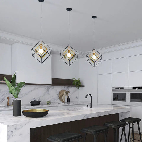 Dope Modern Geometric Cube Chandelier Pendant Light in Black Brass for Kitchen Island and Entryway above marble countertop
