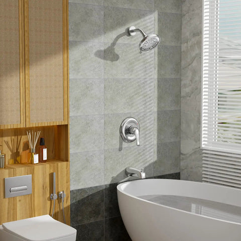 Bathroom with Tub And Shower Faucet Set With Rain Shower Head Chrome Tub Spout Single Handle Trim Kit Valve Included High Pressure Rain Shower