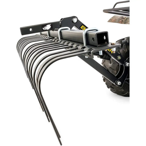 Heavy Duty ATV UTV Landscape Rake For Rock Debris Removal, Grass Clump Cleanup, seed prep, cultivate, shown with removable tines