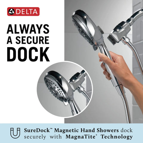 Sure Dock Chrome Hand Shower With MagnaTite Docking And 7 Spray Settings in use with H2Okinetic PowerDrench Technology