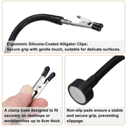 Close-up of ergonomic alligator clips and silicone-coated gooseneck from Two Pack Soldering Helping Hands Third Hand Clamp Stand With Flexible Gooseneck Arms And Rotatable Alligator Clips For PCB Electronics Repair Hobby Welding And Assembly Desktop Base That Fits Up To Six Centimeters.