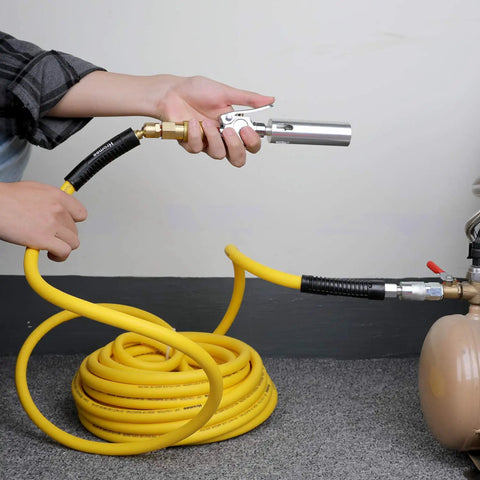 Tough As Nails Shop Grade Air Compressor Hose 3/8 By 50 Feet Rated To 300 Psi Hybrid Rubber Pvc Mix with quick connect couplers.