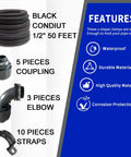 Ultra Flexible Liquid Tight PVC Electrical Conduit Kit, Half Inch Diameter, Fifty Feet, Black Finish, Includes Five Couplings, Three Elbows, Ten Straps