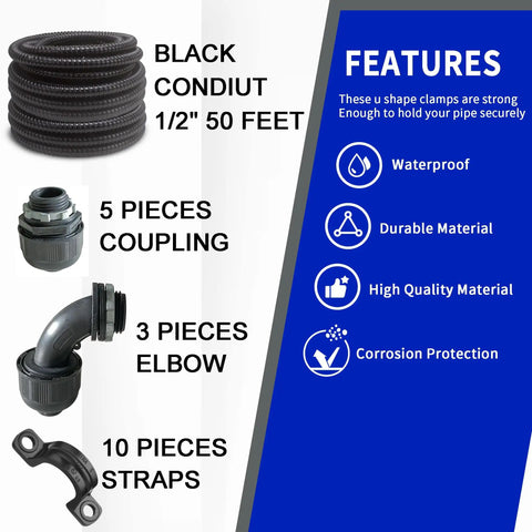 Ultra Flexible Liquid Tight PVC Electrical Conduit Kit, Half Inch Diameter, Fifty Feet, Black Finish, Includes Five Couplings, Three Elbows, Ten Straps