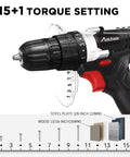 Heavy Duty 20V Cordless Drill And Screwdriver Set With A Smooth 3 8 Inch Chuck, showcasing 15+1 torque settings and drill chuck.