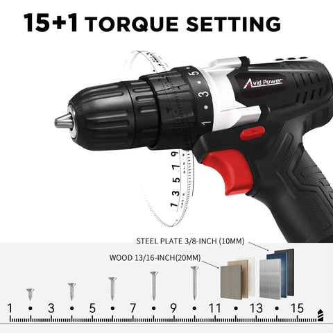 Heavy Duty 20V Cordless Drill And Screwdriver Set With A Smooth 3 8 Inch Chuck, showcasing 15+1 torque settings and drill chuck.