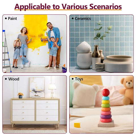 Lead test kit with 120 swabs for home use; four panels show paint, ceramics, wood, and toys testing scenarios.