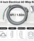 Six Foot AC Whip Kit With 3/4 Inch Non Metallic Liquid Tight Conduit And 8/3 Gauge Wires displayed with installation parts
