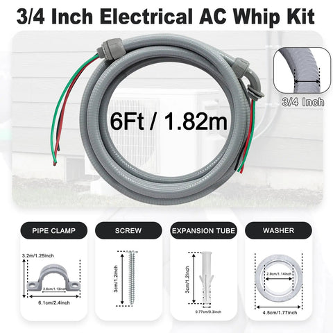 Six Foot AC Whip Kit With 3/4 Inch Non Metallic Liquid Tight Conduit And 8/3 Gauge Wires displayed with installation parts