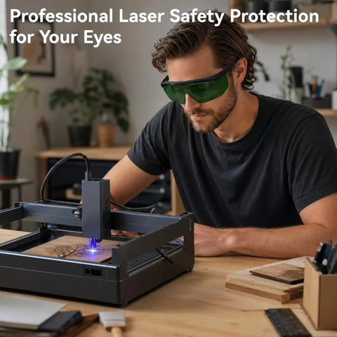 Heavy Duty Blue Laser Safety Glasses With OD4 Plus Lens Block 400nm To 500nm Wavelengths For Engraving Workbenches And DIY Crews in use with engraver.