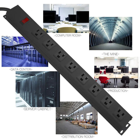 Heavy Duty Metal Eight Outlet Power Strip With Wall Mount, Wide Spaced Sockets for offices and data centers