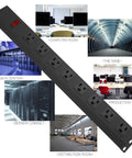 Heavy Duty 8 Outlet Power Strip With 14 AWG 6 Ft Extension Cord Black Wall Mountable Wide Spaced Outlets For Large Plugs Beefed Up For Your Workbench Setup shown in various locations including server cabinet and computer room.