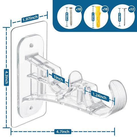 Clear No Drill Adhesive Double Curtain Rod Brackets Set Of 4 Renter Friendly Heavy Duty Holder with measurements and screws