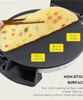 Automatic Electric Roti Maker 10 Inch Non Stick Tortilla Press Machine with crepes on non-stick surface for easy cleaning.