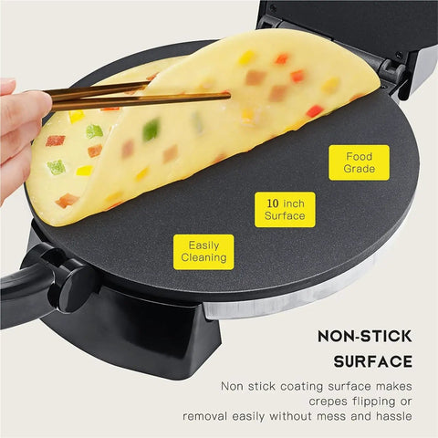 Automatic Electric Roti Maker 10 Inch Non Stick Tortilla Press Machine with crepes on non-stick surface for easy cleaning.