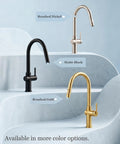 Tohlar Brushed Nickel Kitchen Faucet with Pull Down Sprayer showcased in brushed nickel, matte black, and brushed gold finishes.