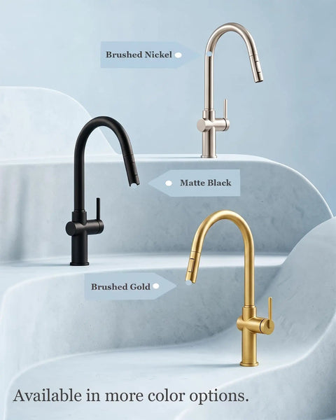 Tohlar Brushed Nickel Kitchen Faucet with Pull Down Sprayer showcased in brushed nickel, matte black, and brushed gold finishes.