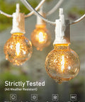 Close-up of 29 Feet LED Outdoor String Lights With Shatterproof G40 Edison Bulbs, showing rainfall resistance and outdoor durability.