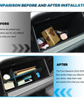 Comparison of glove box, before and after installation of Glove Box Organizer For Ford Maverick 2022 2023 2024 2025 2026 Upgrade Tray With Five Compartments ABS Plastic Storage Dividers Insert For Grab-And-Go Access And Tidy Cab Essentials.