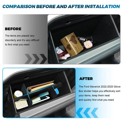 Comparison of glove box, before and after installation of Glove Box Organizer For Ford Maverick 2022 2023 2024 2025 2026 Upgrade Tray With Five Compartments ABS Plastic Storage Dividers Insert For Grab-And-Go Access And Tidy Cab Essentials.