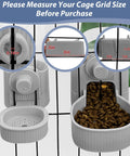 Rock Solid Rabbit Food And Water Dispenser Set With Large Capacity Gravity Feeder System Hanging Cage Mount Easy Clean BPA Free Plastic showing measurements and features.