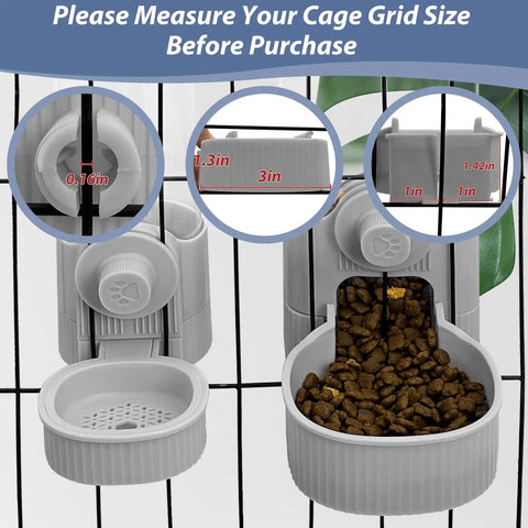Rock Solid Rabbit Food And Water Dispenser Set With Large Capacity Gravity Feeder System Hanging Cage Mount Easy Clean BPA Free Plastic showing measurements and features.