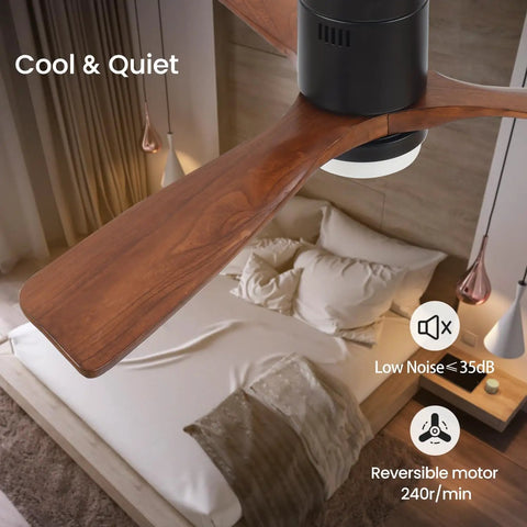 52 Inch Wood Ceiling Fan With Lights And Remote Control, 3 Walnut Blades, 6 Speeds, Quiet Operation in a bedroom setting