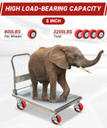 Elephant on trolley with 5 inch by 2 inch caster wheels, polyurethane on polyolefin core, 3200 lbs capacity, set of 4 for carts.