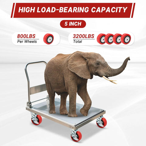 Elephant on trolley with 5 inch by 2 inch caster wheels, polyurethane on polyolefin core, 3200 lbs capacity, set of 4 for carts.