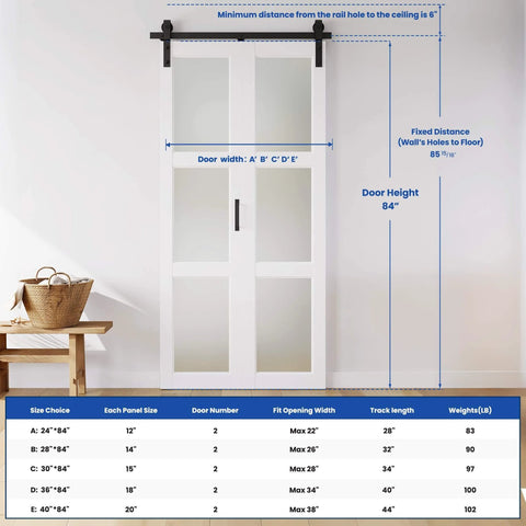 Space Saving Bifold Barn Door 28 Inch by 84 Inch Frosted Glass With Hardware Kit Included, white PVC surface, installed view