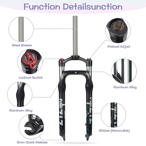 Diagram of Beefy Fat Tire MTB Front Suspension Fork, 100mm Travel, 135mm Hub, 9mm QR, manual lockout, oil spring, aluminum alloy.