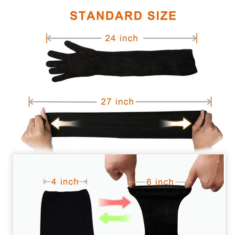 Kevlar Gloves With Sleeves Level Five Cut And Heat Resistant Safety Gear showcasing dimensions and stretchability
