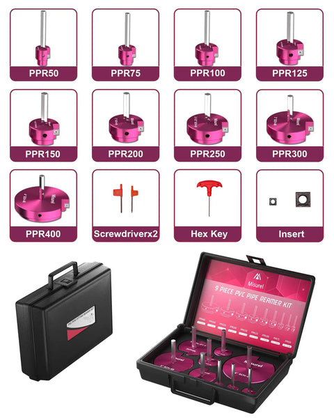 Complete 9 Size PVC Pipe Reamer Kit with carbide inserts, hex wrench, screwdrivers, in case showcasing reamer sizes 1/2 to 4 inches.