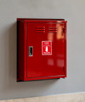 Red wall-mounted fire extinguisher cabinet with a decal from 10 Pack Fire Extinguisher Signs Vinyl Decals 6 By 4 Inch Self Adhesive For Trucks