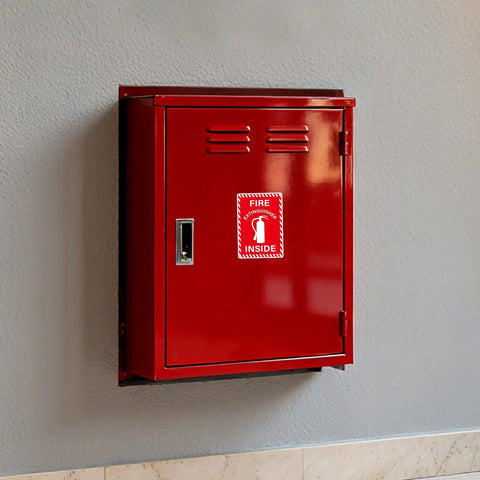 Red wall-mounted fire extinguisher cabinet with a decal from 10 Pack Fire Extinguisher Signs Vinyl Decals 6 By 4 Inch Self Adhesive For Trucks