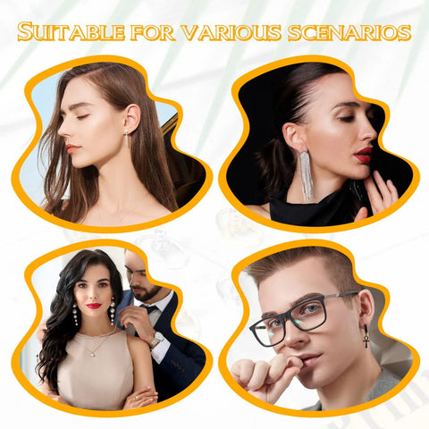 Four individuals showcasing 8 Pack Earring Lifters Backings For Droopy Ears Large Stud Back Replacements Tight Locking Earring Findings