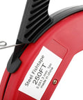 Close-up of 250 Ft Electrician Fish Tape Reel With Spring Steel Fishtape label showing red reel and black handle for wire pulling