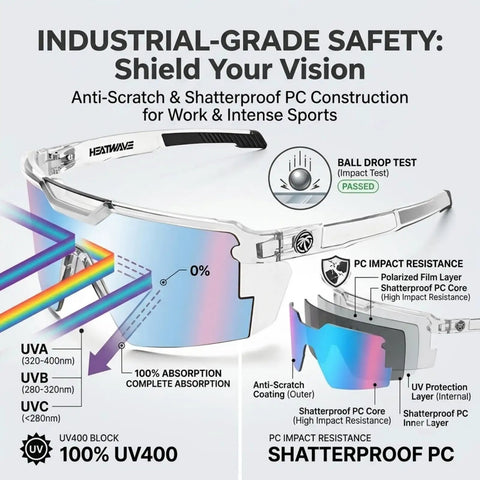 Heavy Duty Photochromic Safety Glasses Featuring Uv400 Polarized Auto Darkening Lenses And Impact Resistant Frames close up with anti-scratch features.