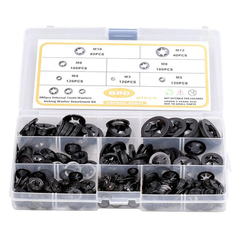 680 Piece Carbon Steel Locking Washers Assortment Kit Hella Rugged Shakeproof Internal Tooth Design with assorted sizes in storage box.