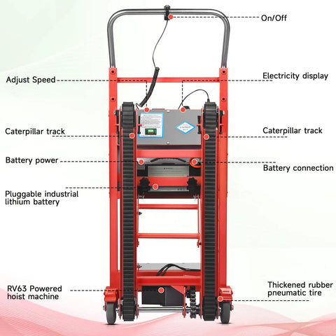 Heavy Duty Electric Stair Climbing Dolly With 900 Lb Load Capacity And 1250W Motor features adjustable speed and battery display.