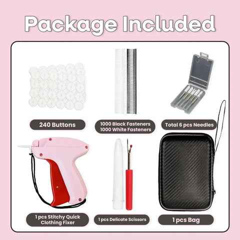 Mini Stitch Gun For No Sew Hem Fix And Button Rescue Kit with case, needles, fasteners, buttons, scissors, and removal tool