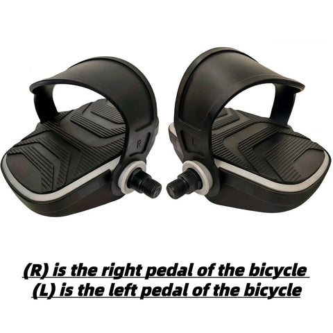 Spin Bike Pedals With Adjustable Straps, Nine Sixteen Inch Spindle, right and left pedals in black with non-slip surface