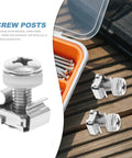 Close-up of 16 Sets M6 Cage Nut And Rack Mount Screws Kit components near a storage case for server racks and cabinets.