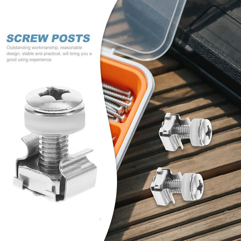 Close-up of 16 Sets M6x20mm Cage Nut And Rack Screw Kit for server racks with floating cage nuts and screws on a wooden surface