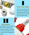 Radiant Floor Heating Manifold Kit With Four Loops Half Inch PEX Tubing Stainless Steel Demagnetized 304 Body Hydronic System With Flow Meters Easy Install Underfloor Heating Setup showing valve core spring and flowmeter details.