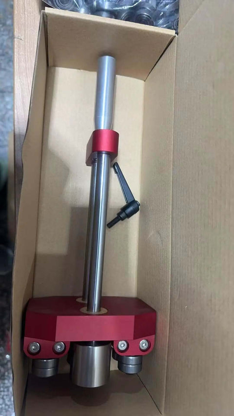 Pro Sheet Metal Roller Bender Tool With Red Aluminum Frame For Real World Use, boxed top view showing handle and rollers.